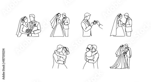 Collection Of Minimalist Continuous Line Drawings Depicting Various Romantic Wedding Moments Between A Bride And Groom