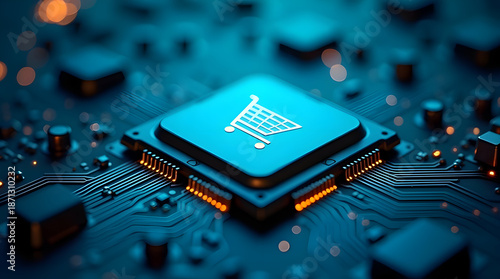 Smart ai commerce processor chip on modern circuit board with shopping cart icon, representing digital retail technology, online transactions, data processing and e commerce innovation systems