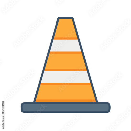 A flat orange traffic cone with white stripes for road safety illustration