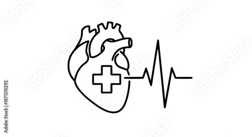 Anatomical Human Heart Outline Icon With Medical Cross And Vital Heartbeat Pulse Line For Healthcare Diagnostics