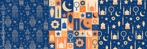 Ramadan decorative seamless pattern set with lanterns, crescent moon, stars, mosque and prayer beads in blue and gold colors. The illustration represents islamic celebration, spiritual tradition