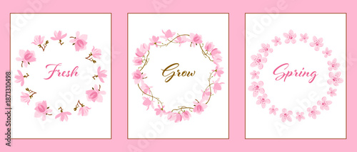 Set of three spring posters with pink floral wreaths and elegant typography on soft pastel background in clean vector style. The illustration represents renewal, growth and fresh seasonal inspiration
