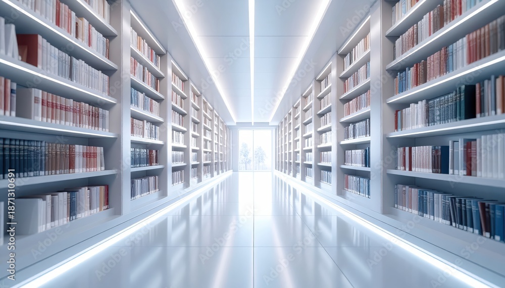Obraz premium Modern library interior showcasing rows of books and bright lighting