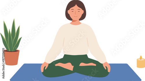 Peaceful Woman Meditating in Lotus Pose on Yoga Mat with Houseplant and Candle Flat Vector Illustration