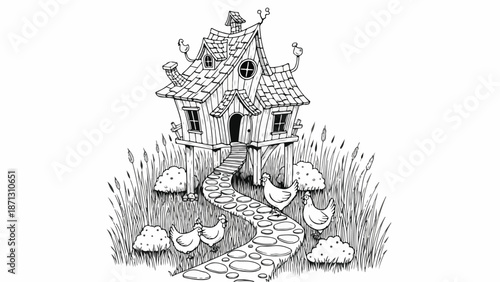 Black and white illustration of a whimsical house with a stone pathway and chickens in a grassy yard with mushrooms.
