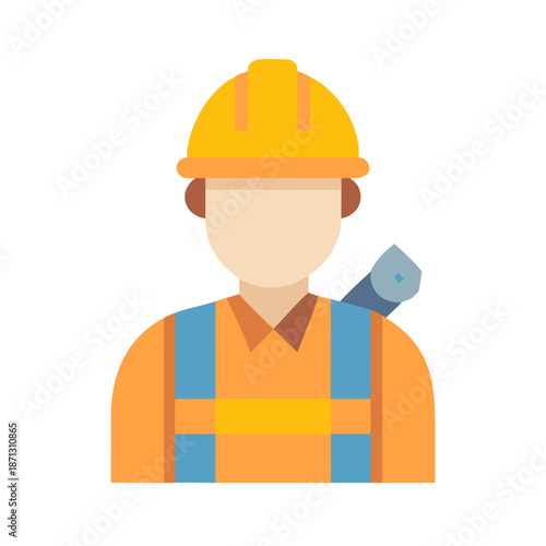 A flat vector illustration of a construction worker with blueprint on black background