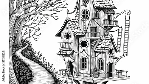 Black and white illustration of a whimsical multi-story house with a winding path and tree against a plain background.