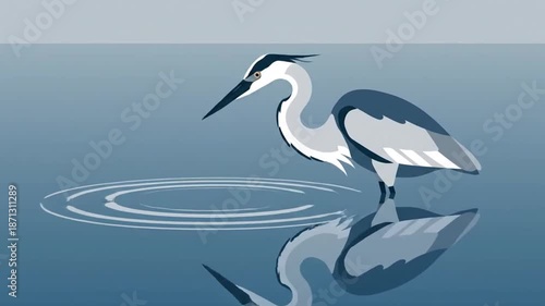 Elegant Heron Drinking Sequence In Peaceful Water With Smooth Reflections Animation