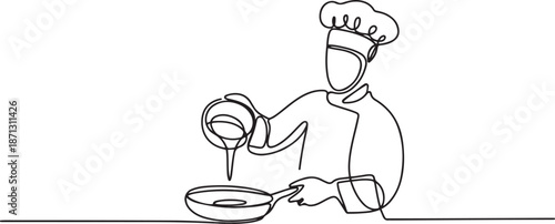 Continuous one line drawing of a chef is pouring batter into a pan.one line vector illustration with out background