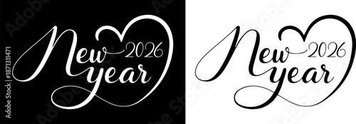 New Year script lettering with integrated heart shape in black and white versions. Perfect for romantic greeting cards, celebration designs, love-themed New Year graphics, and festive invitation.
