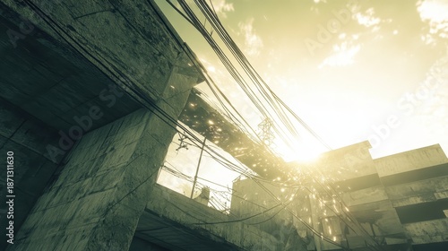 Severed power lines sparking intermittently draped across urban sky with intense sunlight