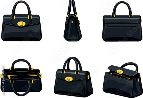 set of icons of women's black bags in different perspectives and shapes, for stickers, banners, posters or social networks