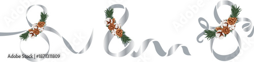 set of decorative ribbons folded into a figure eight with cotton flowers and cones in the middle of the number, for the design of postcards, banners, posters