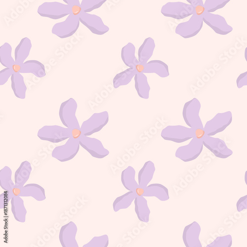 Seamless vector pattern with minimalist purple flowers on cream. Delicate botanical design symbolizing quiet grace, simple serenity, modest beauty, and airy calm.