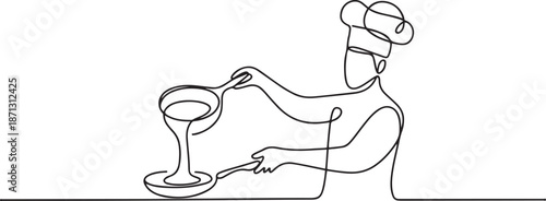 Continuous one line drawing of a chef is pouring batter into a pan.one line vector illustration with out background