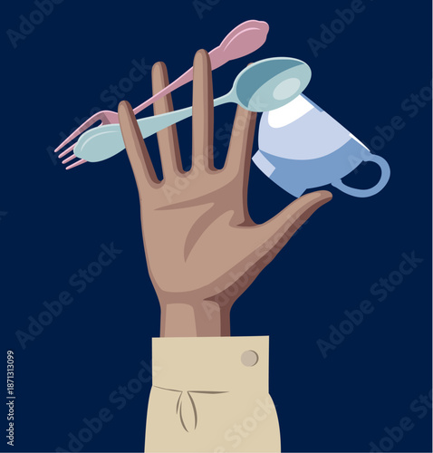 An open palm of hand with a spoon, fork and coffee cup between the fingers on blue background. Cafe and restaurant concept symbol. Vector illustration in 
cartoon flat style