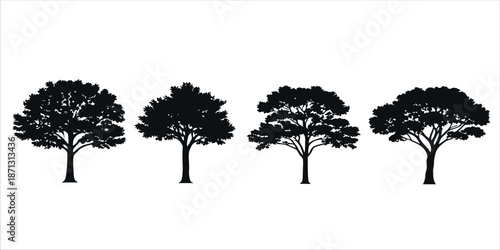 Four black silhouette trees on white background