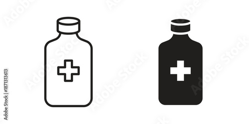 Medicine bottle icons for web design set in black stroke and solid style. EPS10
