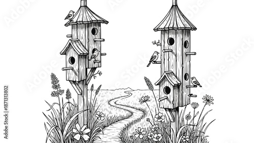 Illustration of two birdhouses with birds on a winding path in a garden with flowers and foliage in black and white.