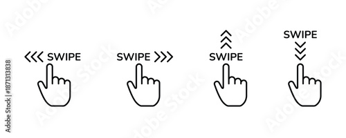 Swipe icon set. Hand gesture slide vector set. Up arrow button symbol. Slide left right finger icon set.
