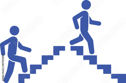 Two blue figures climbing stairs in opposite directions