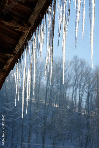 Vertical shot of long sharp icicles hanging from a wooden roof edge