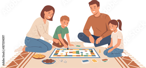 Happy family with two children playing board game together on the floor at home vector illustration
