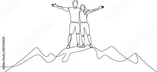 couple climber man woman stands with arms outstretched on top of mountain.one line vector illustration with out background