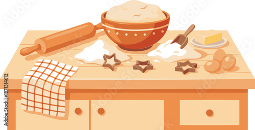 Vector Illustration of Baking Ingredients and Tools on a Wooden Kitchen Table with Dough and Flour