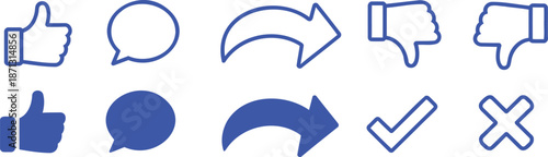 Blue social media thumbs up down share comment check mark cross