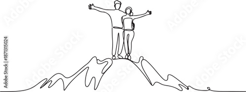 couple climber man woman stands with arms outstretched on top of mountain.one line vector illustration with out background