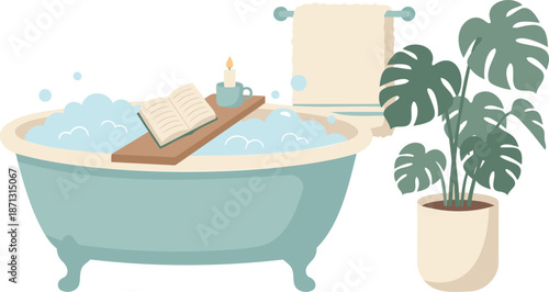 Cozy Bathroom Illustration with a Clawfoot Bathtub, Bubble Bath, Book, Candle, and Green Houseplant