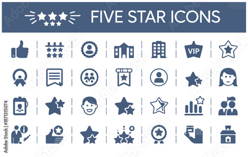 five star icon set, satisfaction, review and rating symbols, premium quality feedback, excellence and best service concepts, solid vector icons collection.