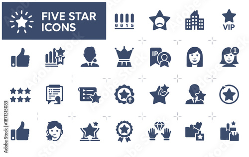 five star rating icon set, satisfaction, review, premium quality and excellence symbols, customer feedback concepts, solid vector icons for digital design projects.