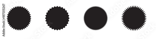 Set of black star burst shape tags for price. Circle sticker. Wavy edge promo badges. Blank sale stickers collection. Design elements of Price sticker, sale sticker, starburst, quality mark, retro.