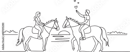 couple riding horses hand in hand at sunset. Happy man making proposal marriage to woman. Engagement and love relation.one line vector illustration with out background