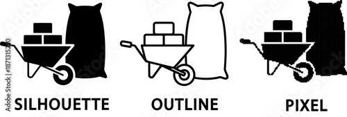 Construction icon set featuring a wheelbarrow rubble and cement bag illustration