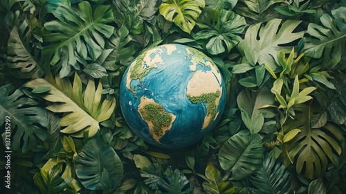 The earth's globe surrounded by lush greenery, symbolizing environmental conservation efforts for a sustainable future