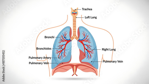 A detailed illustration of the human respiratory system with labeled parts