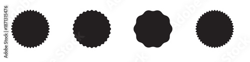 Set of black star burst shape tags for price. Circle sticker. Wavy edge promo badges. Blank sale stickers collection. Design elements of Price sticker, sale sticker, starburst, quality mark, retro.