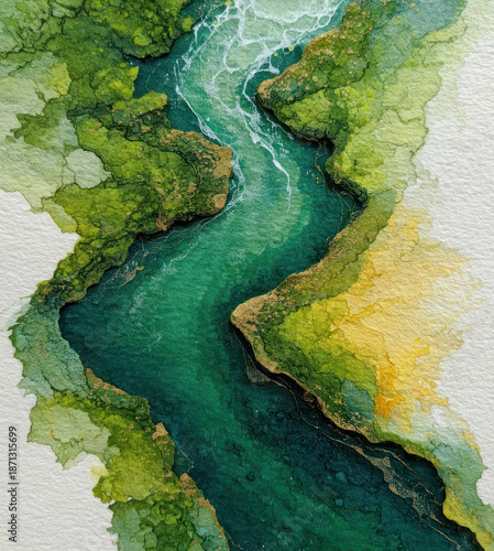 An abstract watercolor composition featuring a meandering stream, reminiscent of a river or strait, flowing between organic forms.  