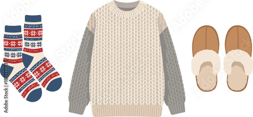 Cozy Winter Clothing Collection featuring Cable Knit Sweater Wool Socks and Fuzzy Slippers Vector