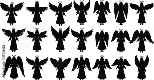 Black Angel Silhouette Vector Set Featuring Various Wing Shapes and Celestial Halo Symbols Isolated on White Background for Spiritual Graphic Design