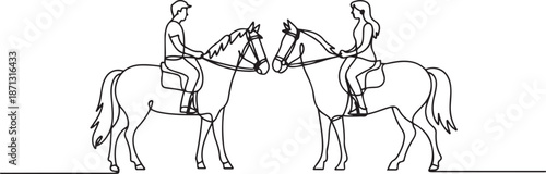 couple riding horses hand in hand at sunset. Happy man making proposal marriage to woman. Engagement and love relation.one line vector illustration with out background