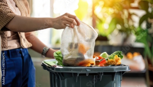 Person Discarding Food Waste into Trash Bin for Composting.