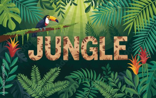 Vibrant Tropical Paradise Exotic Toucan Perched Among Lush Rainforest Foliage