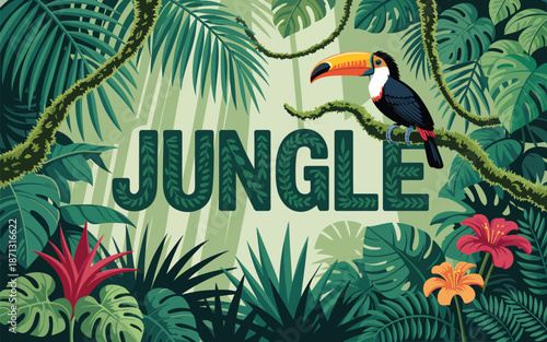 Lush tropical rainforest habitat illustration with a vibrant toucan perched amidst exotic green foliage