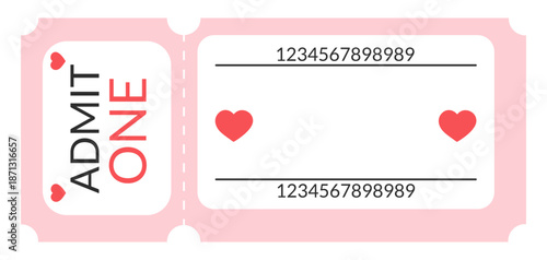 Vector Valentine's Day ticket coupon in delicate colors, decorated with minimalistic linear icons of hearts