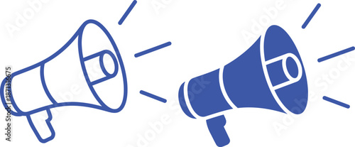 Two blue megaphones with sound waves announcement