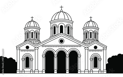 Ornate Christian Orthodox Church Architecture Line Art Illustration with Majestic Domes and Arches